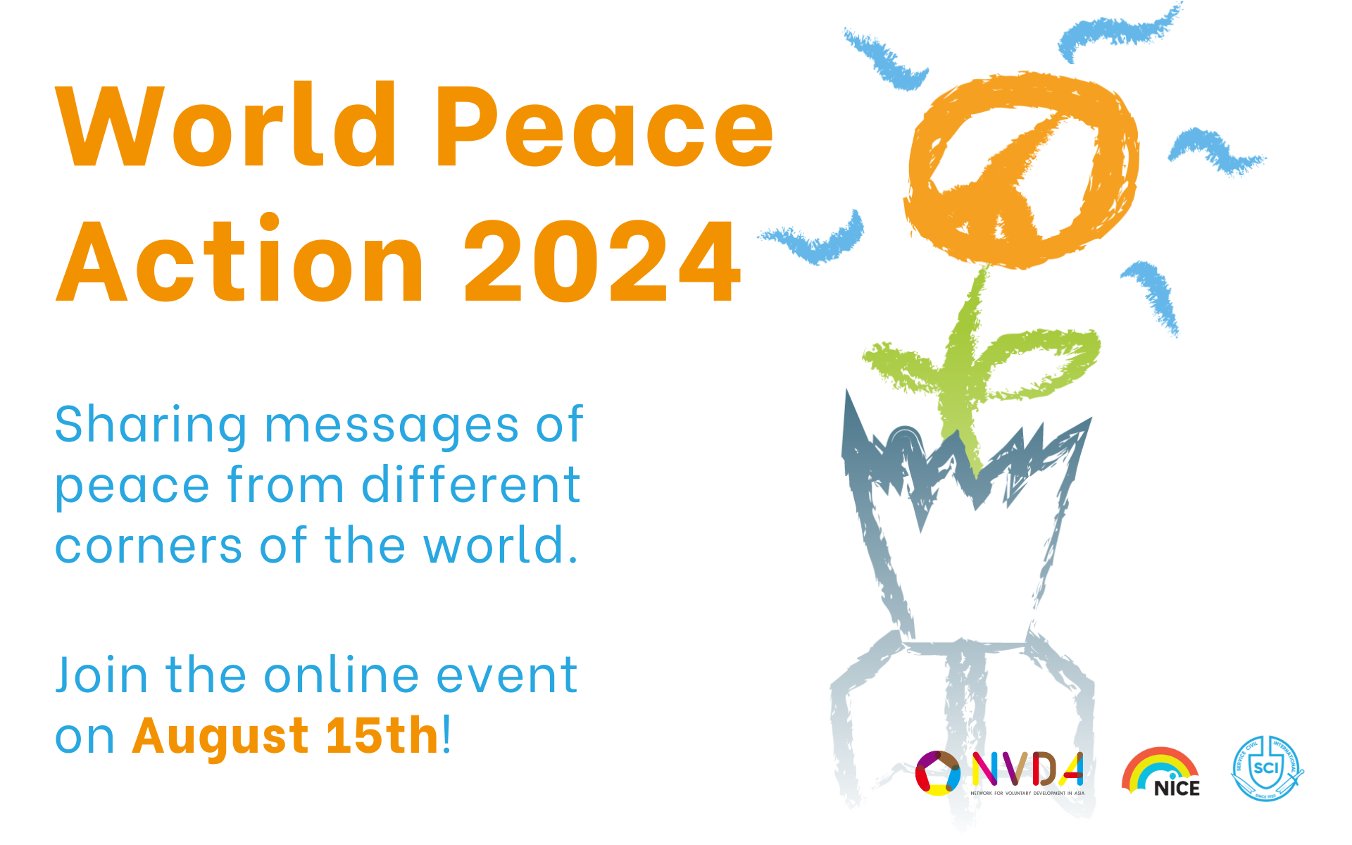 Image promotes the World Peace Day, the images shows a drawing of a bomb broken in half and a flower in the shape of the "Peace Logo" growing inside the bomb