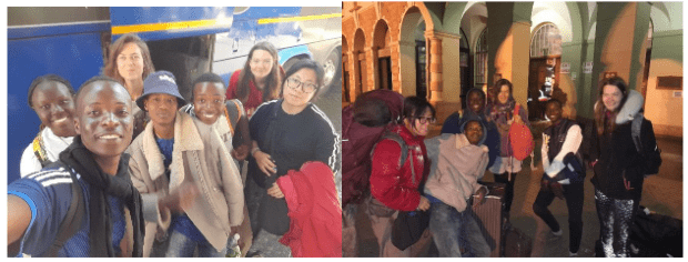This image contains 2 photos. The first one show us a group picture taken as a selfie. The group seems to be in front of a bus. The second picture was taken during the night and the people seem to be with their luggage