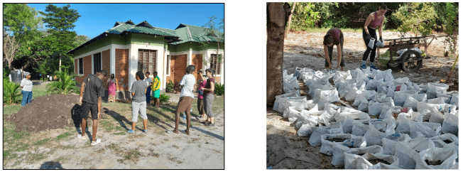The picture shows us 2 photos, in the first one we can see people gathring near a house, and in the second we can see people putting something related with gardening into white plastic bags
