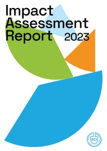 Impact Assessment Report 2023 cover image with triangles of different colours, a deconstructed pie chart