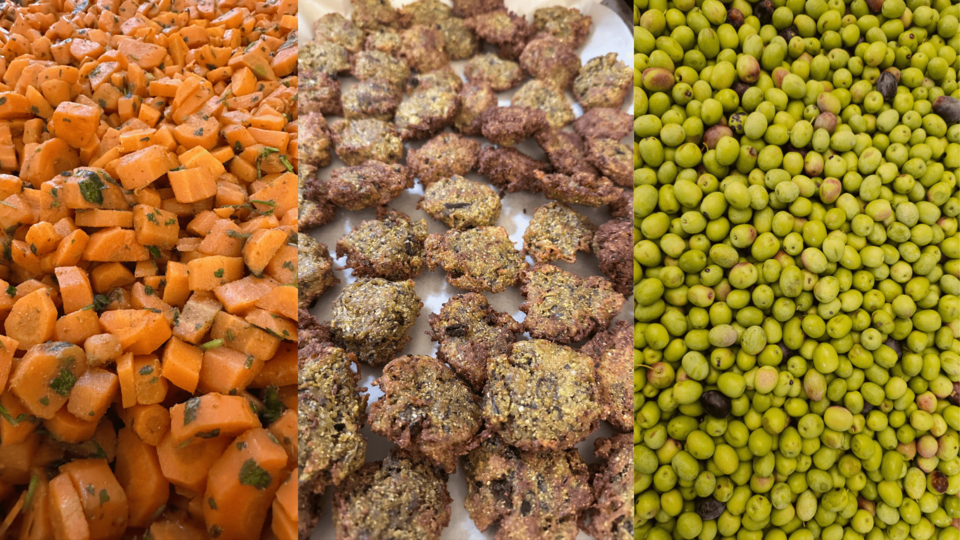 Cooked carrots, olives and patties