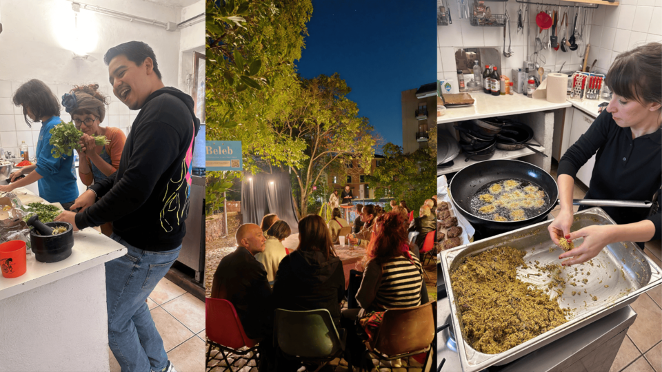 Scenes of participants cooking and eating