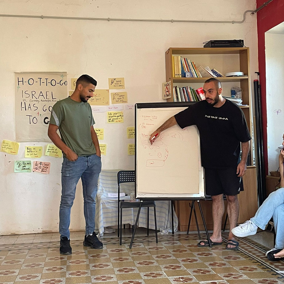 Two participants from Palestine presenting in front of a flipchart