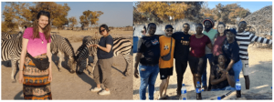 This image contains 2 photos. In the first one we see 2 people that are posing for a photograaph while zebras eat in the behind them. In the second one we see a group photo.