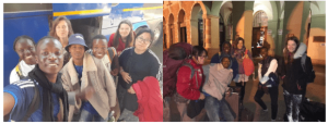 This image contains 2 photos. The first one show us a group picture taken as a selfie. The group seems to be in front of a bus. The second picture was taken during the night and the people seem to be with their luggage 