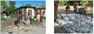 The picture shows us 2 photos, in the first one we can see people gathring near a house, and in the second we can see people putting something related with gardening into white plastic bags