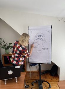 A person writing on a whiteboard, seems to be writing graphic of some kind