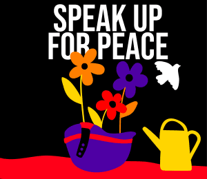 illustration written Speak up for peace, a helmet, flowers, a dove