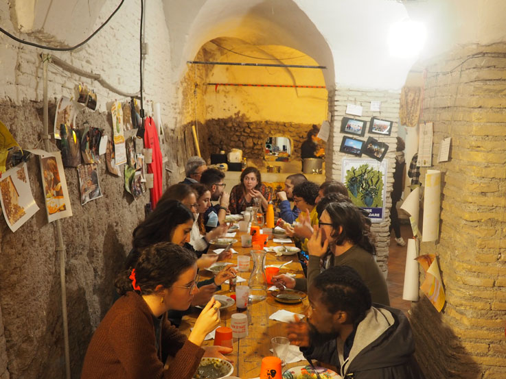 Volunteers eating together