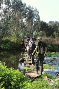 Volunteers crossing a river.